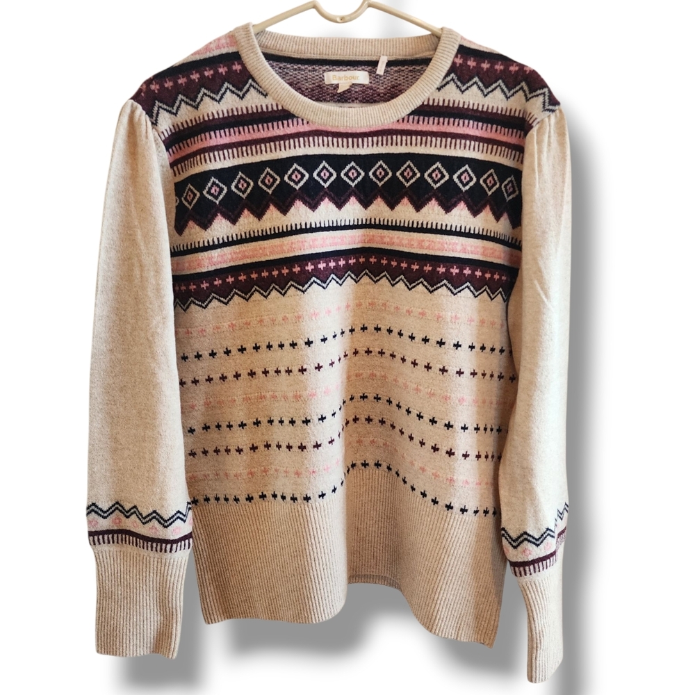 Barbor Oatmeal And Maroon Crewneck Wool Blend Fair Aisle Sweater 14